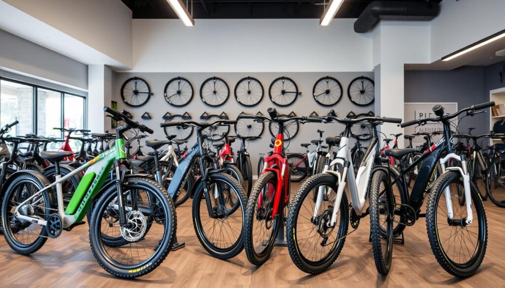 Display of various electric bike brands in a showroom Display of various electric bike brands in a showroom