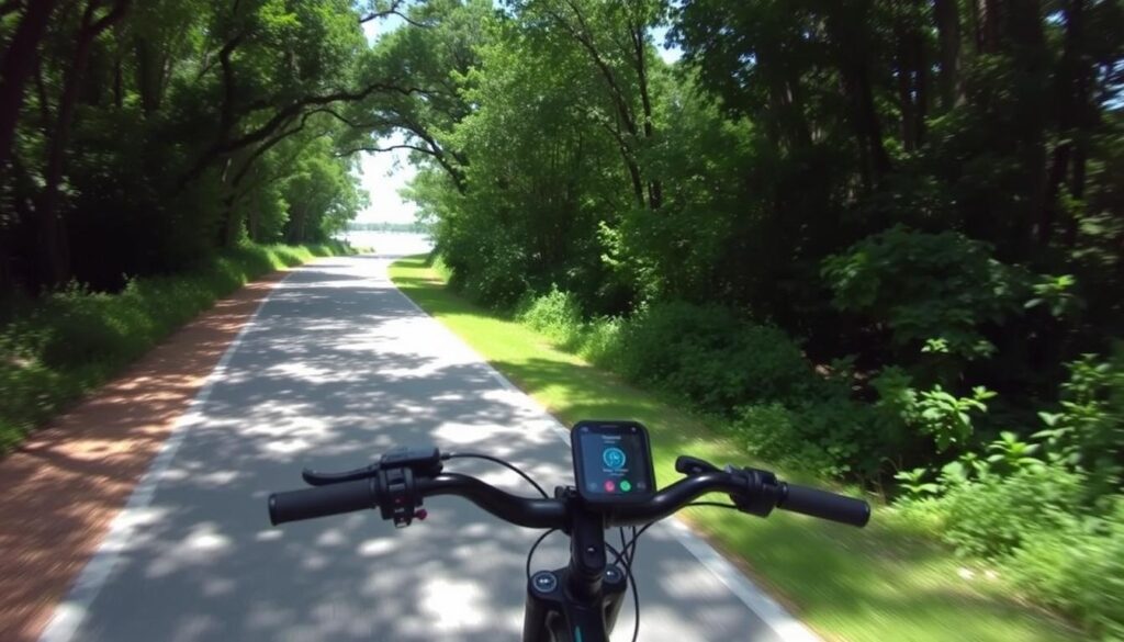 Electric bike on Pinellas Trail in Tampa Bay area Electric bike on Pinellas Trail in Tampa Bay area