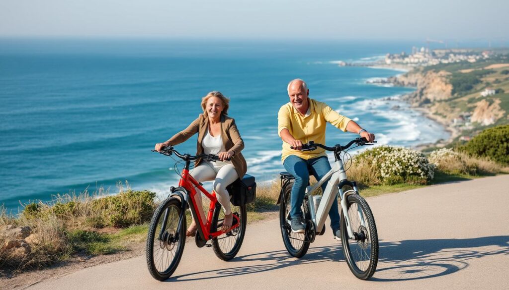 Happy couple riding electric bikes on a coastal path Happy couple riding electric bikes on a coastal path