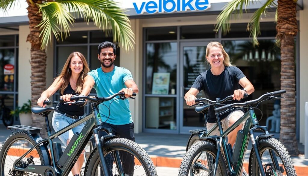 Happy customers with their Velotric Nomad 2X bikes at Tampa Bay Ebikes shop Happy customers with their Velotric Nomad 2X bikes at Tampa Bay Ebikes shop