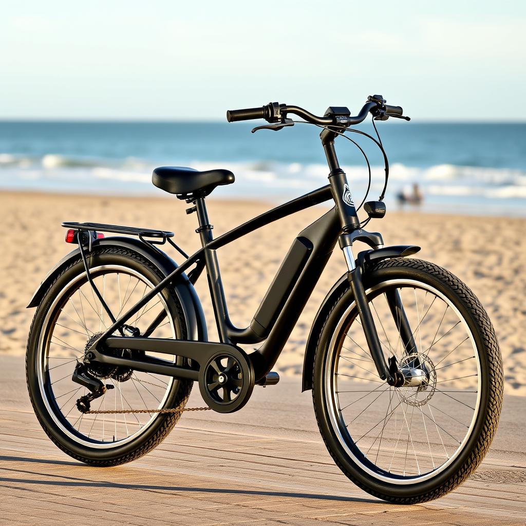 Pedego cruiser electric bike on boardwalk Pedego cruiser electric bike on boardwalk