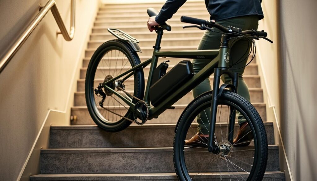 Person easily lifting a lightweight electric bike up stairs Person easily lifting a lightweight electric bike up stairs