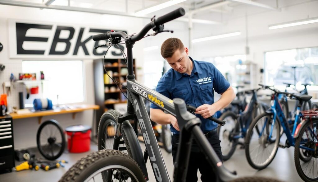 Tampa Bay Ebikes service center with technician working on Velotric bike Tampa Bay Ebikes service center with technician working on Velotric bike