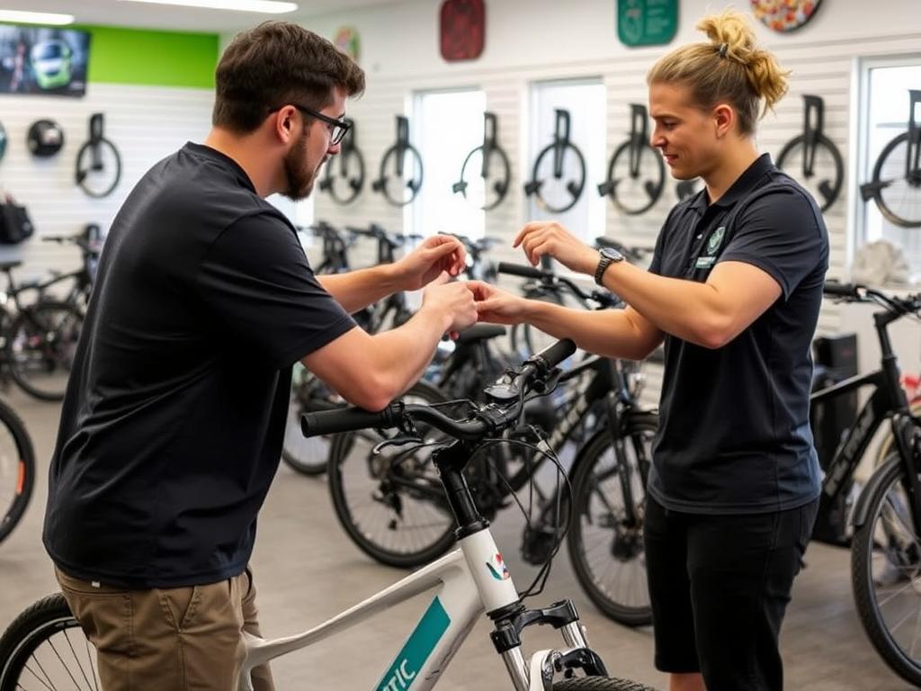 Tampa Bay eBikes staff member helping customer with Velotric Breeze 1 Cruiser Ebike fitting Tampa Bay eBikes staff member helping customer with Velotric Breeze 1 Cruiser Ebike fitting