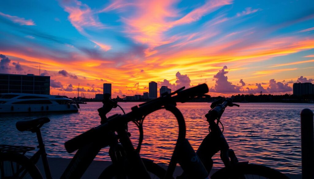 Tampa Bay sunset with electric bikes parked along waterfront Tampa Bay sunset with electric bikes parked along waterfront