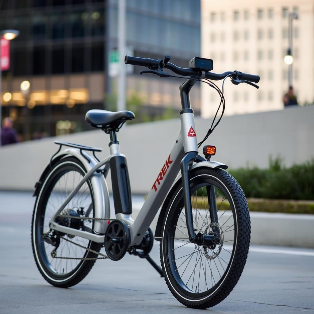 Trek electric commuter bike in urban setting Trek electric commuter bike in urban setting