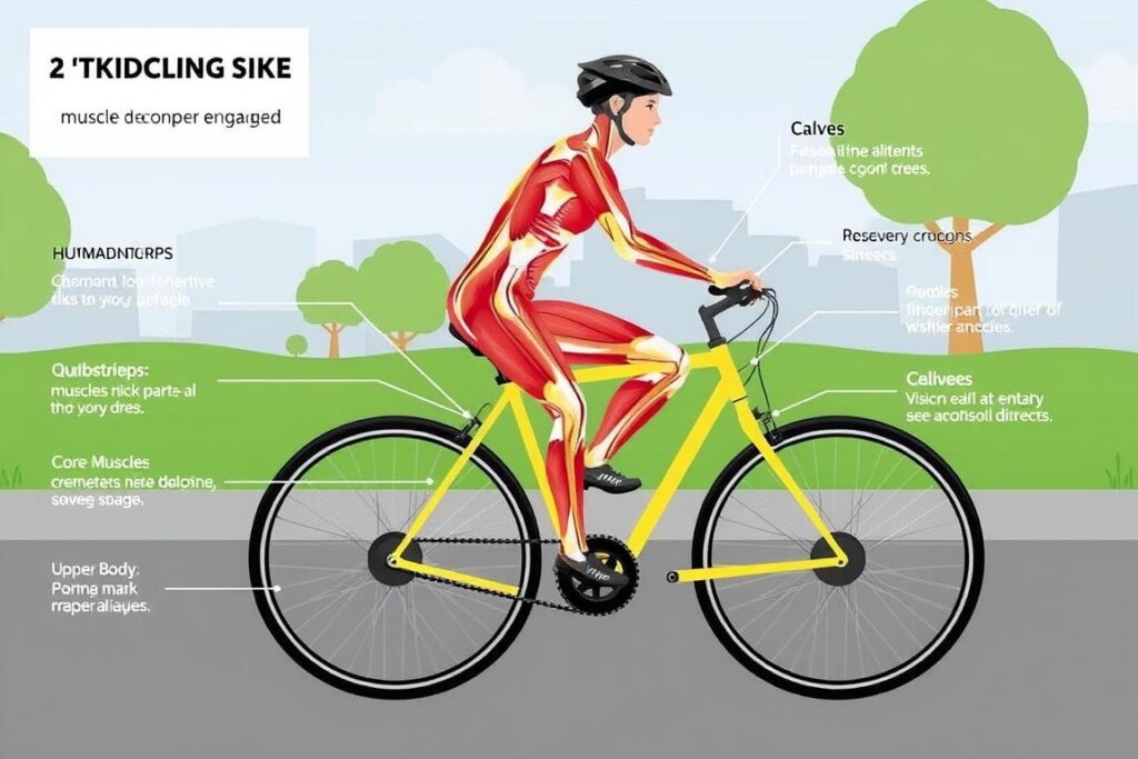 Diagram showing muscle groups engaged during e-biking highlighting the health benefits of e-biking regularly Diagram showing muscle groups engaged during e-biking highlighting the health benefits of e-biking regularly
