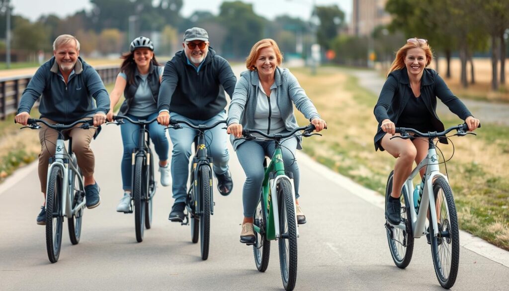 Diverse group of people e-biking together showing accessibility benefits of e-biking regularly Diverse group of people e-biking together showing accessibility benefits of e-biking regularly