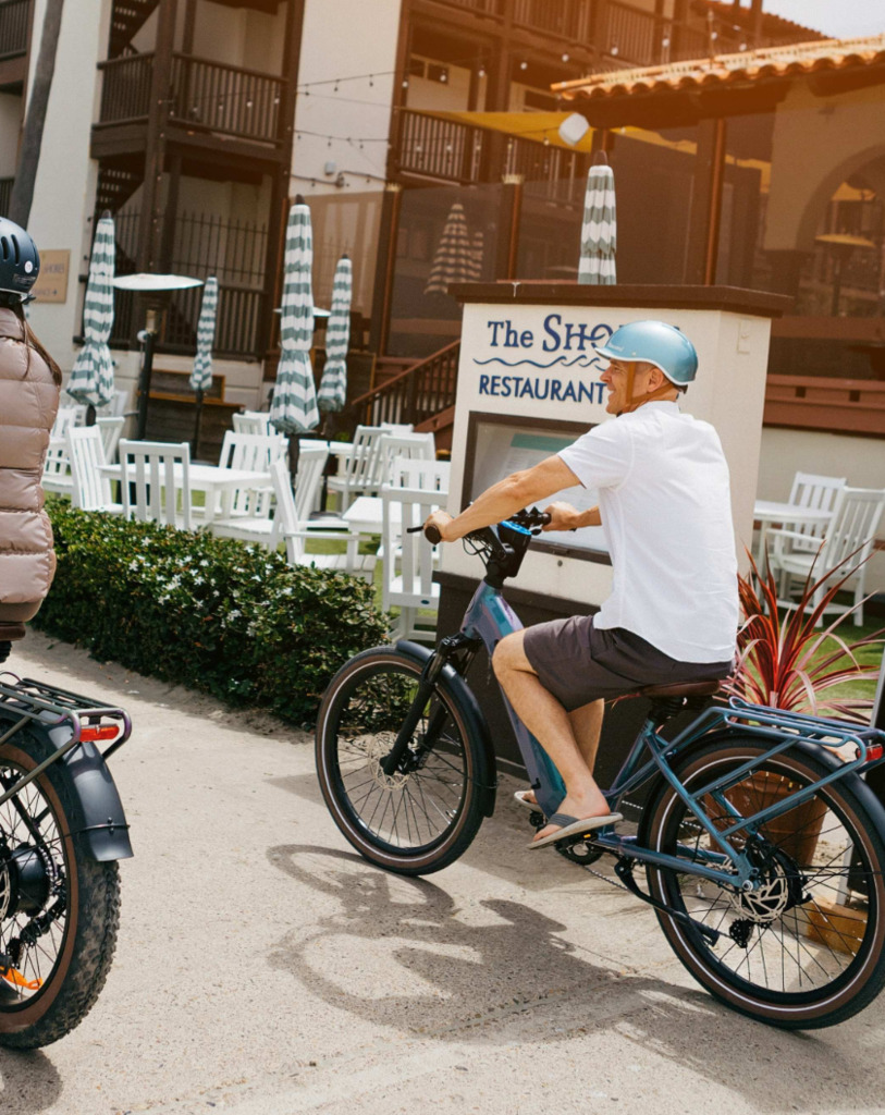 Magnum Bliss e-bike with Tampa skyline showing size and accessibility Magnum Bliss e-bike with Tampa skyline showing size and accessibility