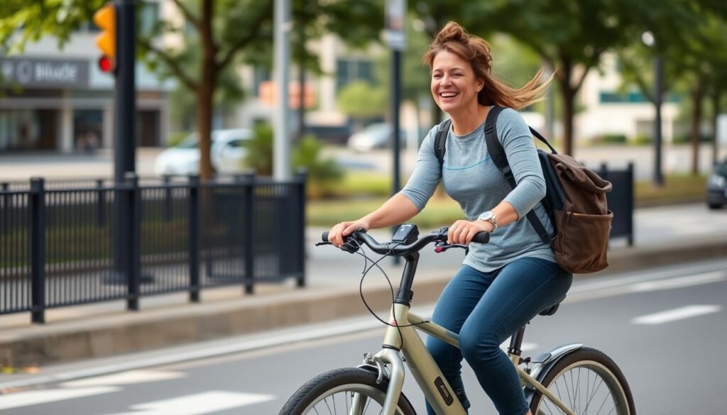 Person using e-bike for daily commuting showing sustainability benefits of e-biking regularly Person using e-bike for daily commuting showing sustainability benefits of e-biking regularly