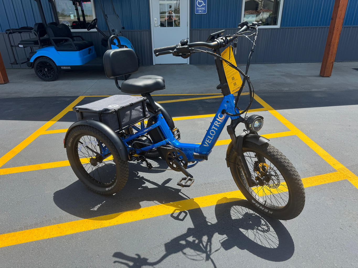 Velotric Triker electric trike in Electric Blue color parked on Tampa Bay waterfront with palm trees