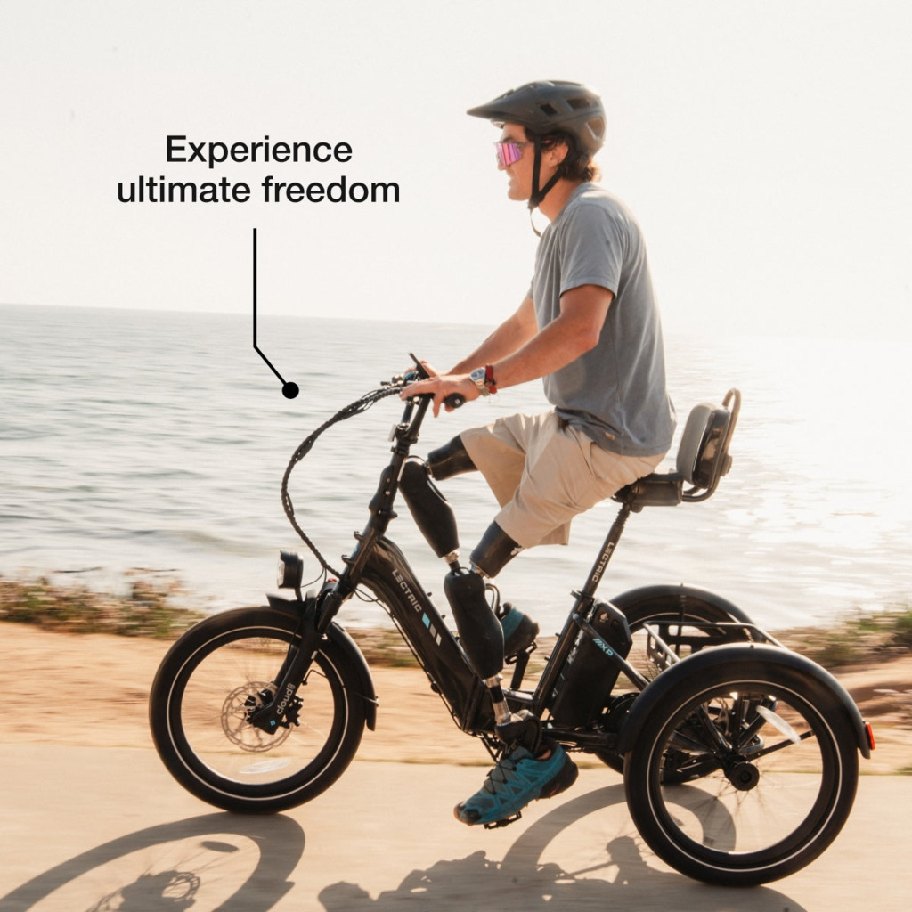 Adaptive eBike with three wheels and specialized seating for riders with mobility needs
