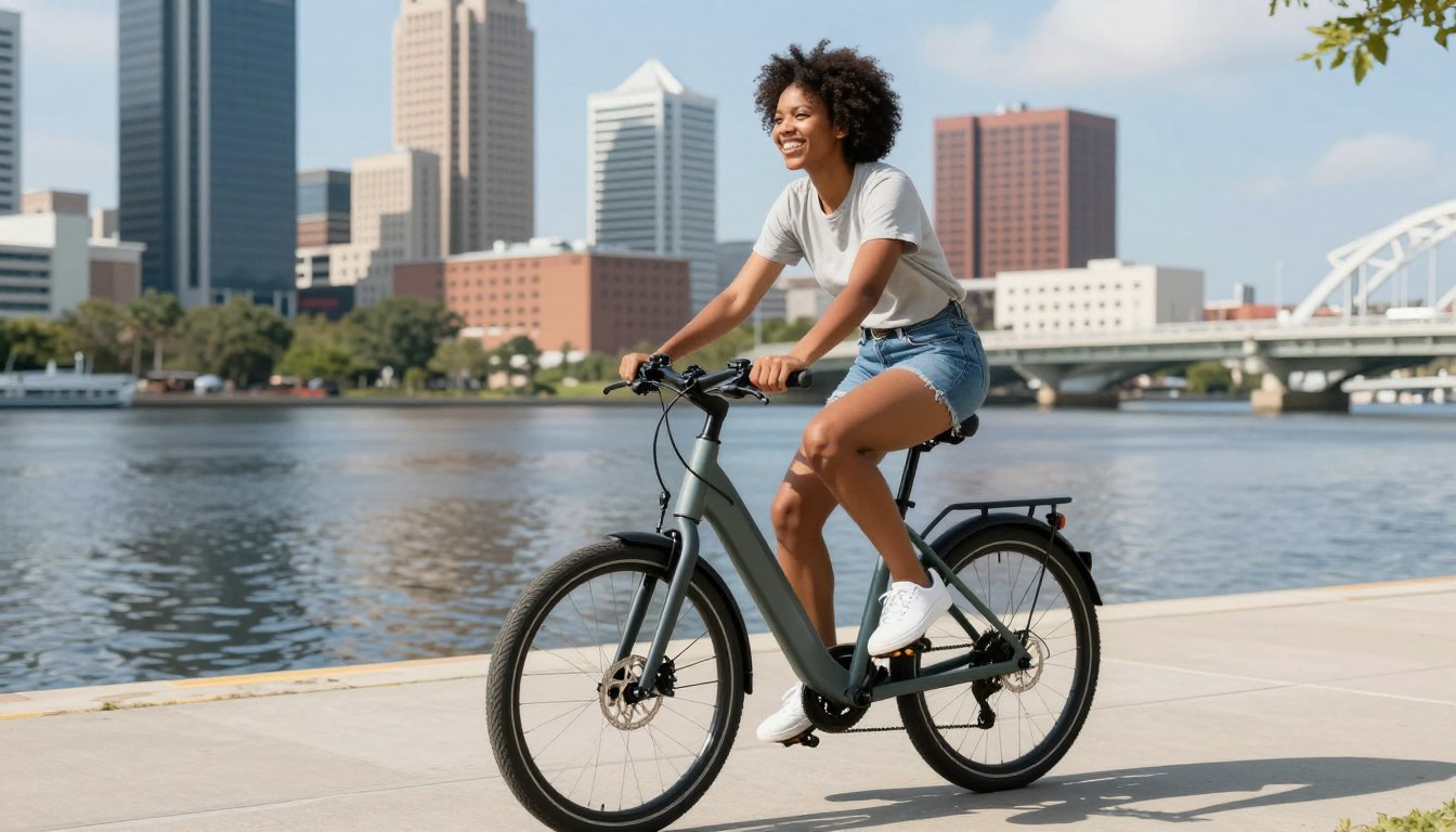 Person riding an electric bike on Tampa's Riverwalk with city skyline in background
