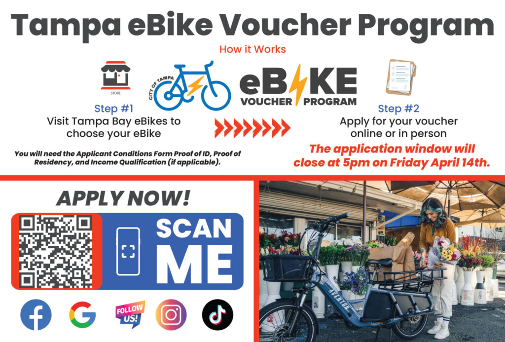 Promotional graphic showing various eBike models eligible for the Tampa Voucher Program with city branding