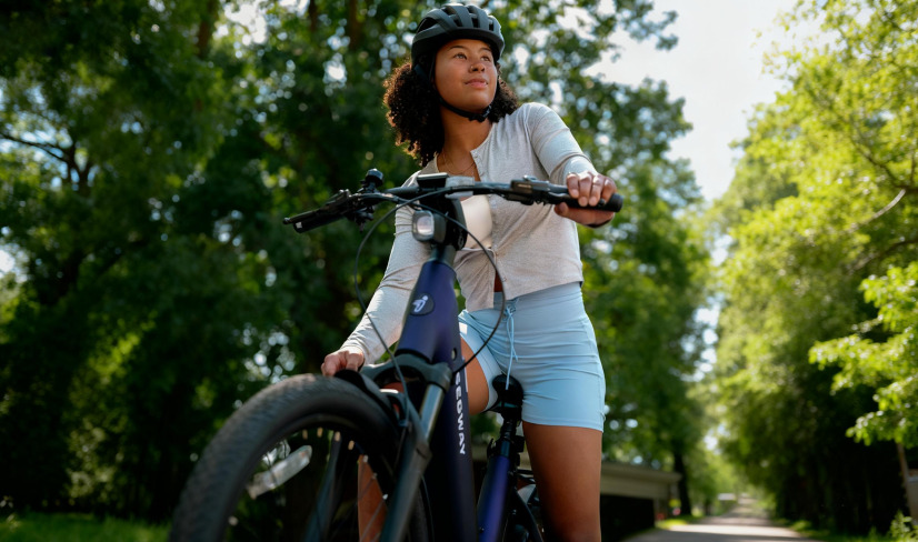 Segway Myon e-bike being ridden through a vibrant urban setting