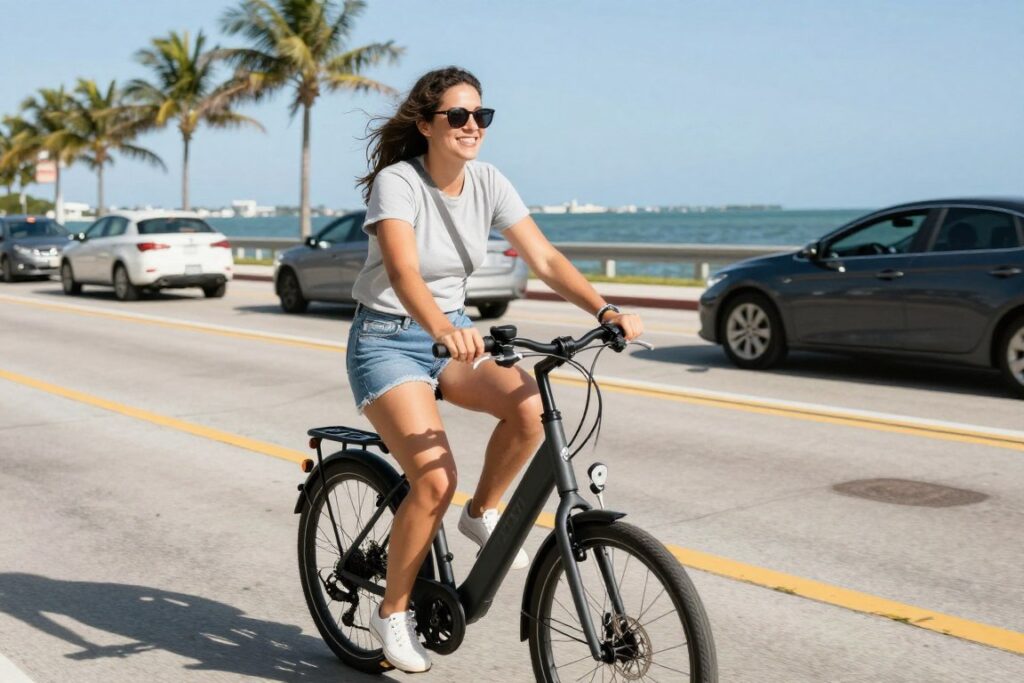 Tampa resident commuting on eBike past traffic congestion on Bayshore Boulevard
