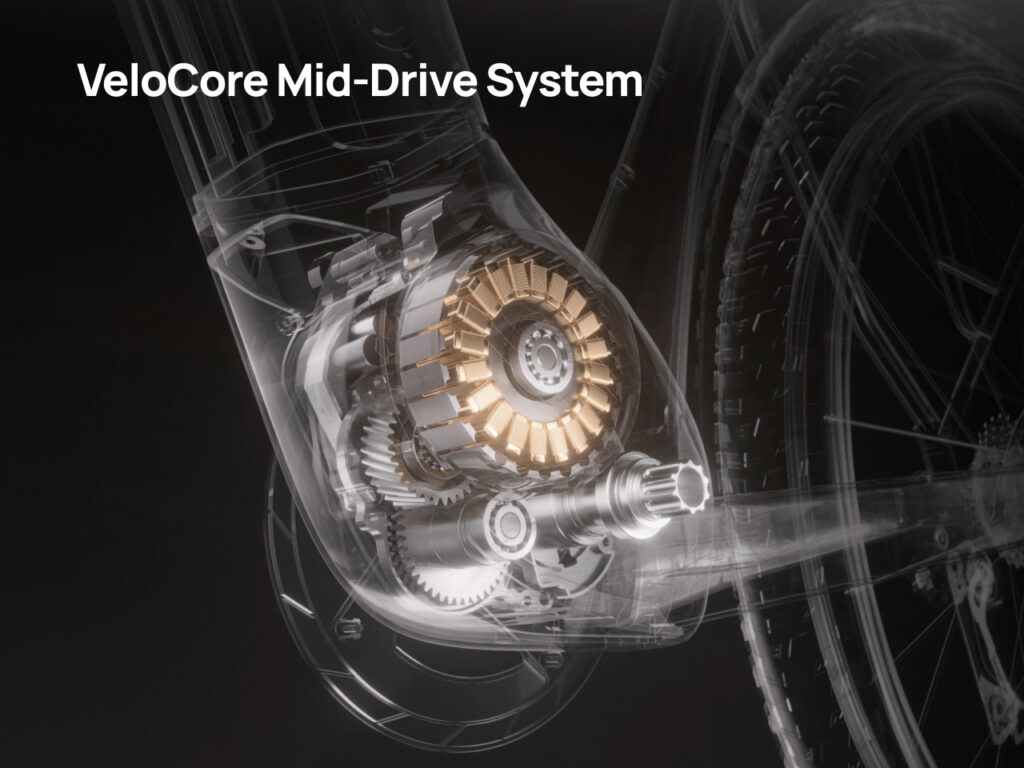 Close-up of the Velotric Discover M mid-drive motor and drivetrain