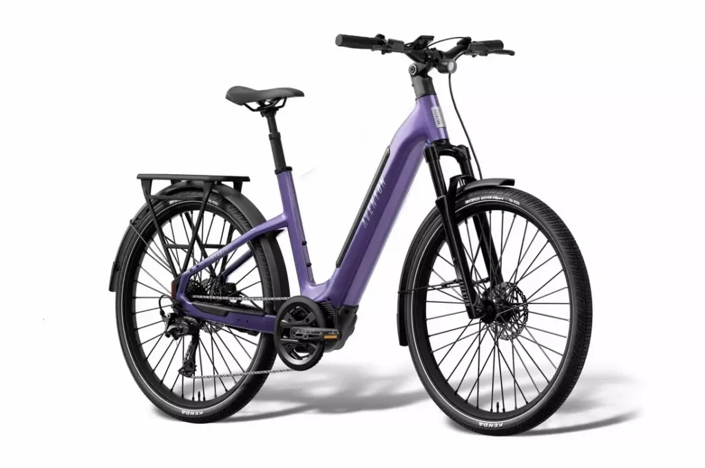 Aventon Level 4 ADV step-through in Purple Haze, an alternative frame and color to the black step-over shown above Aventon Level 4 ADV step-through in Purple Haze, an alternative frame and color to the black step-over shown above