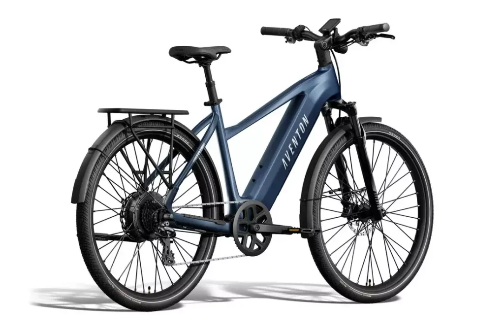 Aventon Level 4 REC rear three-quarter view in Storm Blue showing rack and drivetrain Aventon Level 4 REC rear three-quarter view in Storm Blue showing rack and drivetrain
