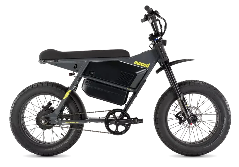 Juiced Scrambler Dual-Battery Hardtail in Asphalt Lemonade, drive-side view with both batteries