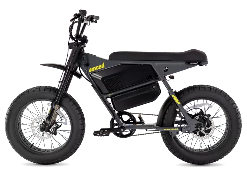 Juiced Scrambler Dual-Battery Hardtail in Asphalt Lemonade, left-side view showing rigid rear frame Juiced Scrambler Dual-Battery Hardtail in Asphalt Lemonade, left-side view showing rigid rear frame
