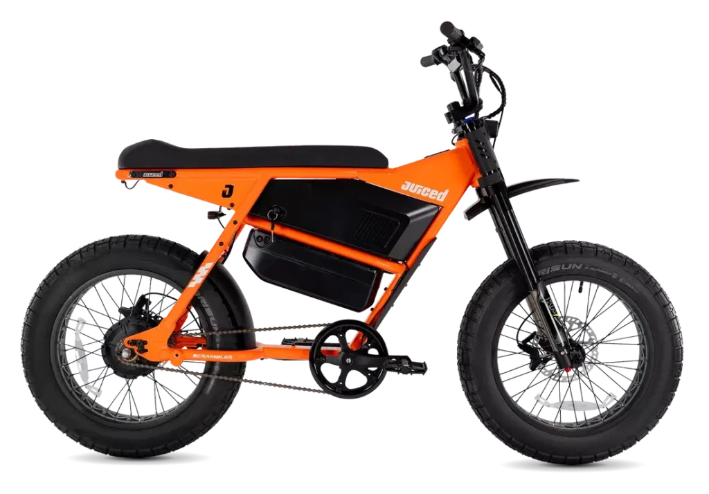 Juiced Scrambler Dual-Battery Hardtail in Orange Juice, drive-side view with both batteries Juiced Scrambler Dual-Battery Hardtail in Orange Juice, drive-side view with both batteries