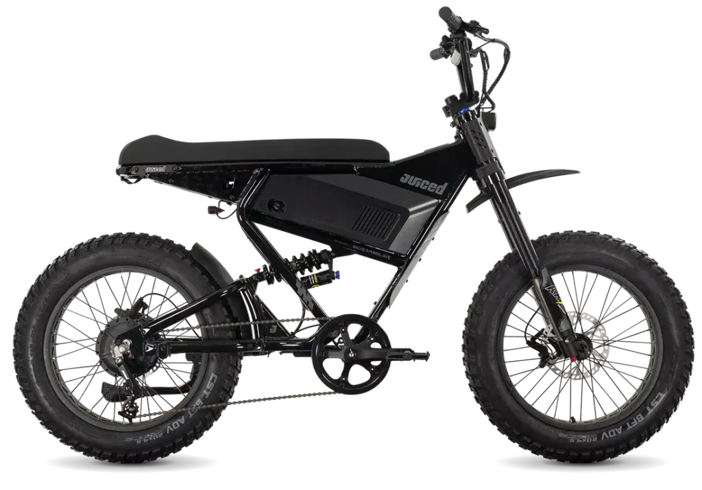 Juiced Scrambler Full-Suspension in Blackberry, full side view showing KKE rear shock Juiced Scrambler Full-Suspension in Blackberry, full side view showing KKE rear shock