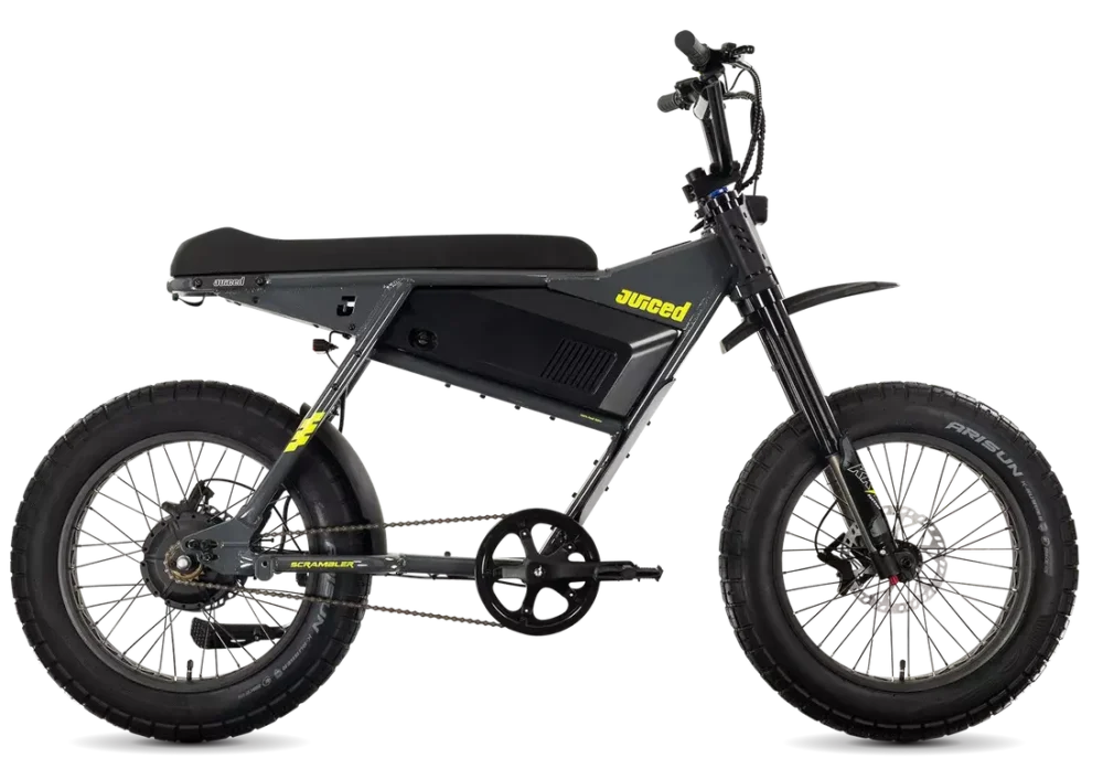 Juiced Scrambler Hardtail in Asphalt Lemonade, full side view with single battery and rigid rear frame