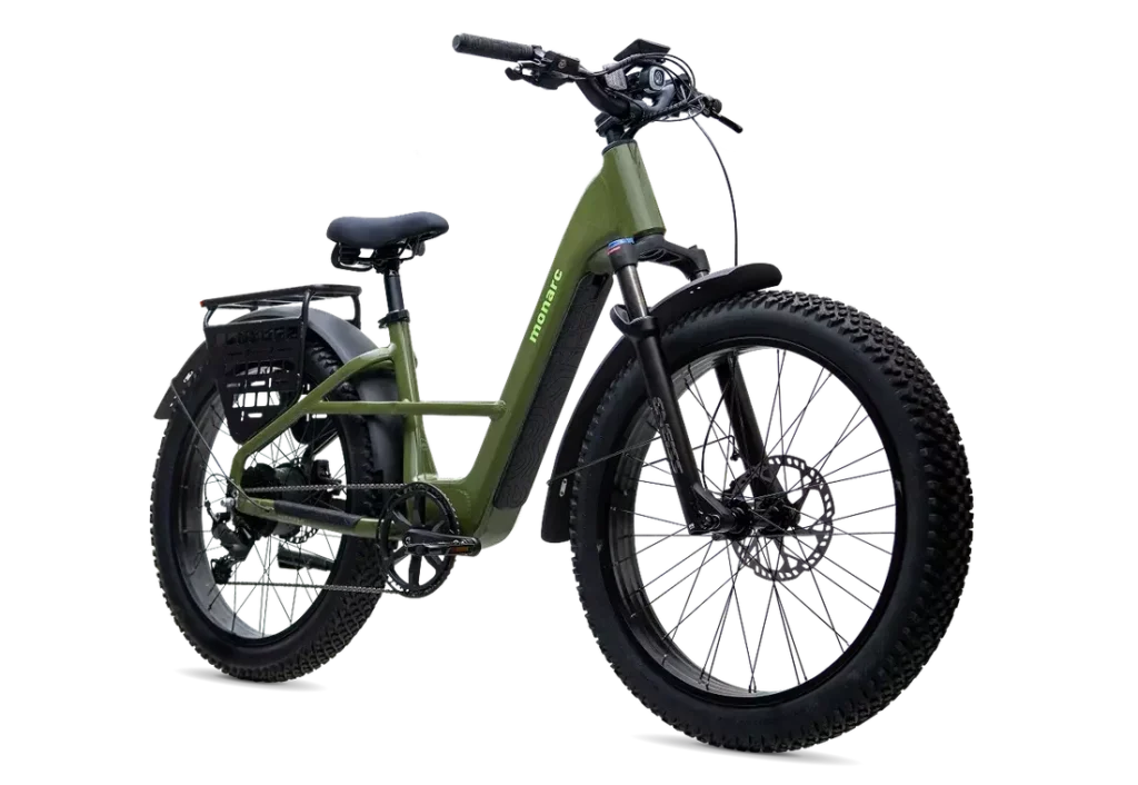 Monarc Marker Step-Thru in Greenway, front three-quarter view showing wide all-terrain tires