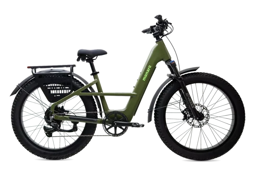 Monarc Marker Step-Thru in Greenway, side view with 26 x 4-inch tires