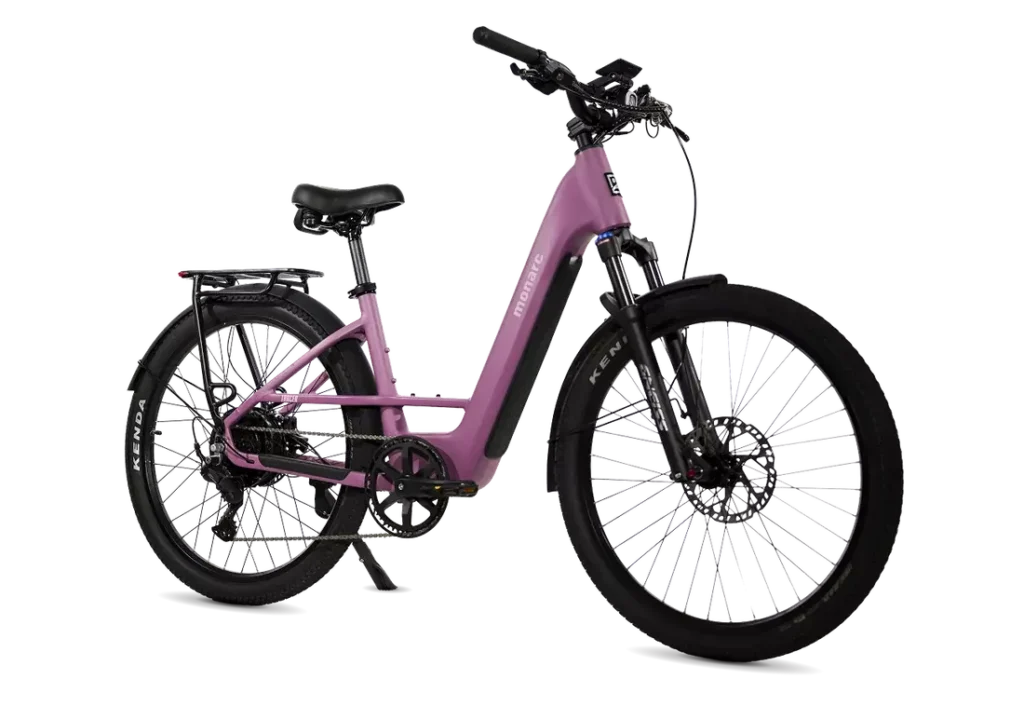 Monarc Tracer Step-Thru in Juneberry, front three-quarter view showing urban tires