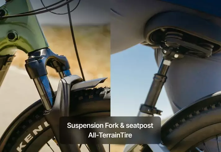 Urtopia Carbon Atom suspension fork and suspension seatpost detail photographs Urtopia Carbon Atom suspension fork and suspension seatpost detail photographs