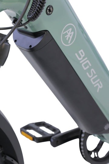 AIMA Big Sur Sport 2.0 removable battery on the Sage Green downtube AIMA Big Sur Sport 2.0 removable battery on the Sage Green downtube