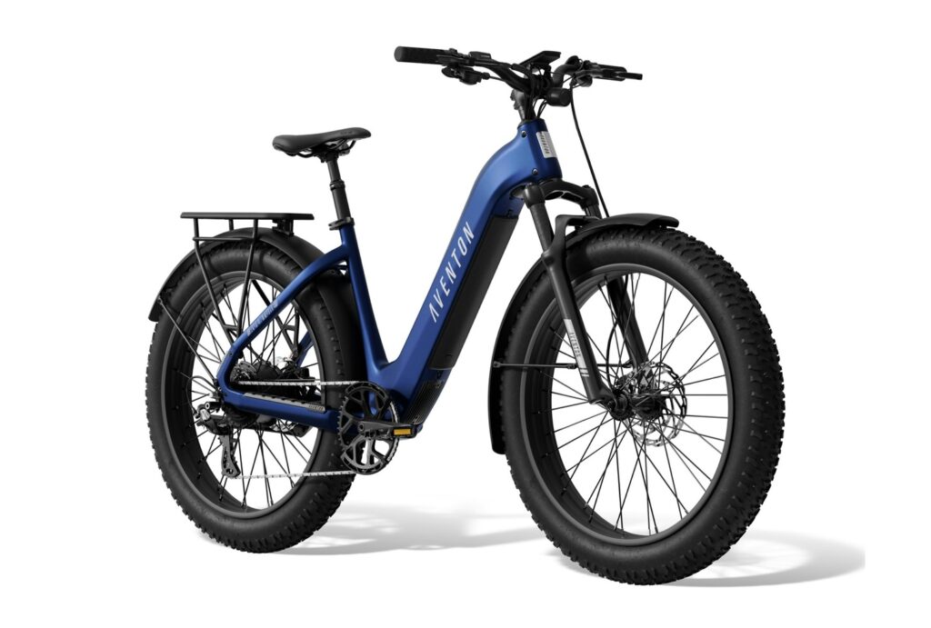 Aventon Aventure 3 Step-Through in Cobalt Blue, angled full-bike view