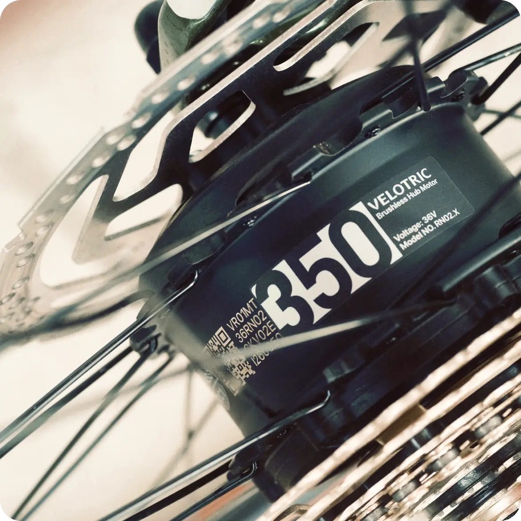 Close-up of the Velotric Tempo 350W rear-hub motor and disc brake Close-up of the Velotric Tempo 350W rear-hub motor and disc brake