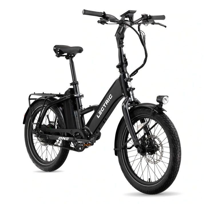 Lectric ONE in black, full three-quarter view with fenders and rear rack