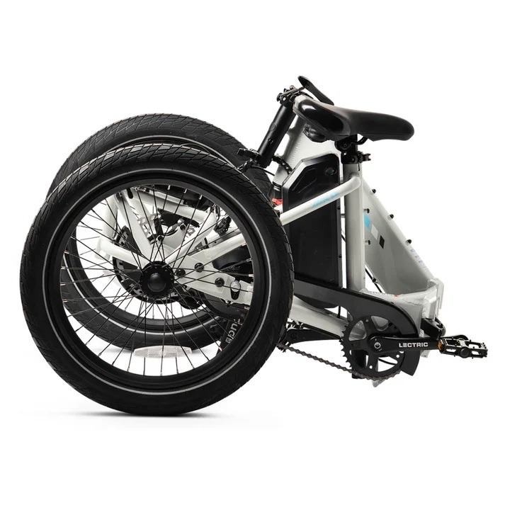 Lectric XP Trike2 in Stratus White, folded with the handlebar stem lowered Lectric XP Trike2 in Stratus White, folded with the handlebar stem lowered