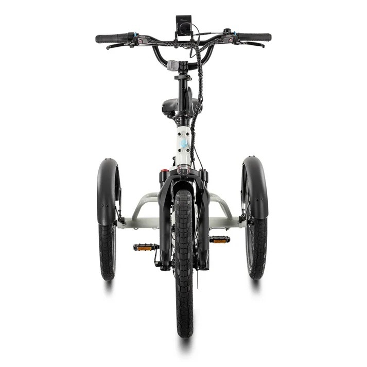 Lectric XP Trike2 in Stratus White, front view showing the handlebar and three-wheel stance Lectric XP Trike2 in Stratus White, front view showing the handlebar and three-wheel stance