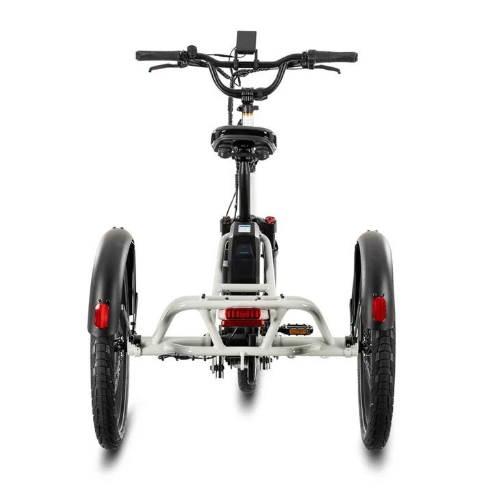 Lectric XP Trike2 in Stratus White, rear view showing the rear rack, axle and lights Lectric XP Trike2 in Stratus White, rear view showing the rear rack, axle and lights