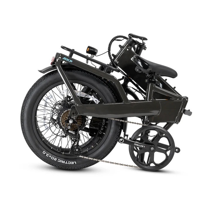 Lectric XP4 Step Over in Tempest Grey folded with frame and handlebar stem lowered