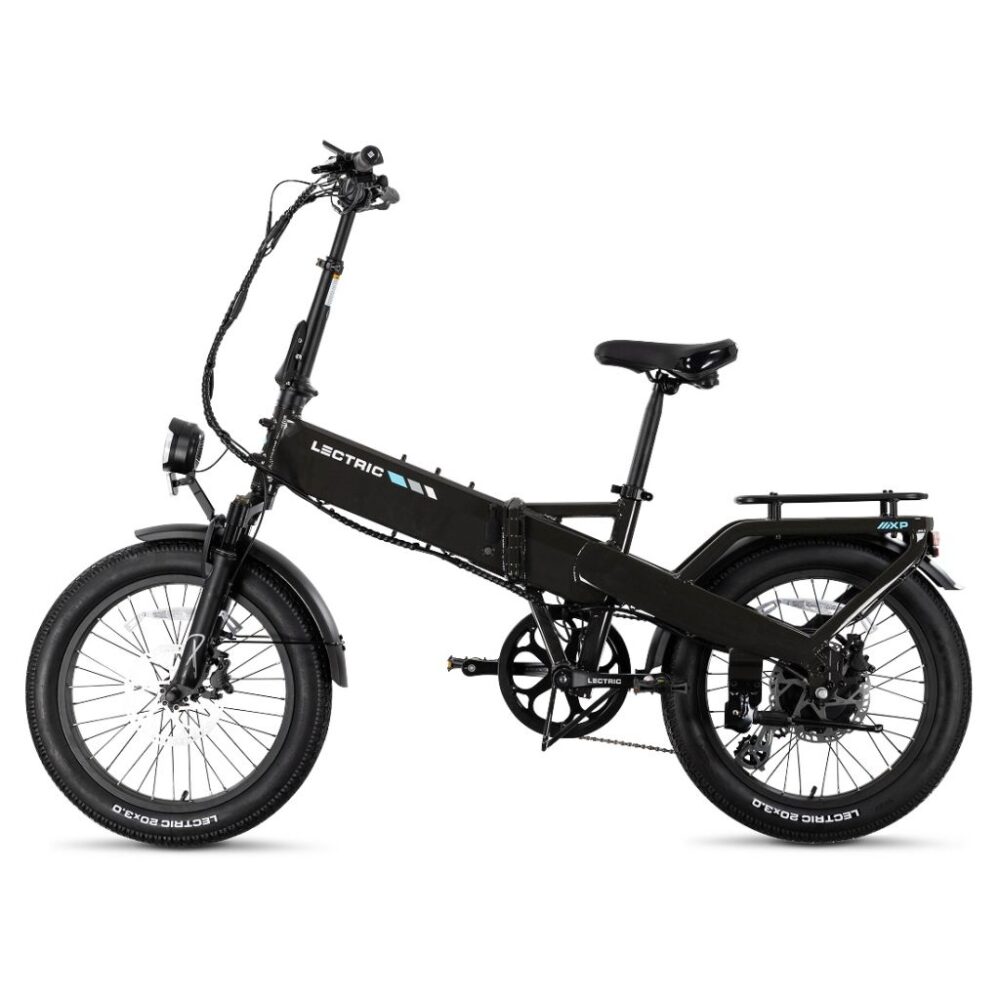 Lectric XP4 Step Over in black, full three-quarter view with rear rack and front suspension