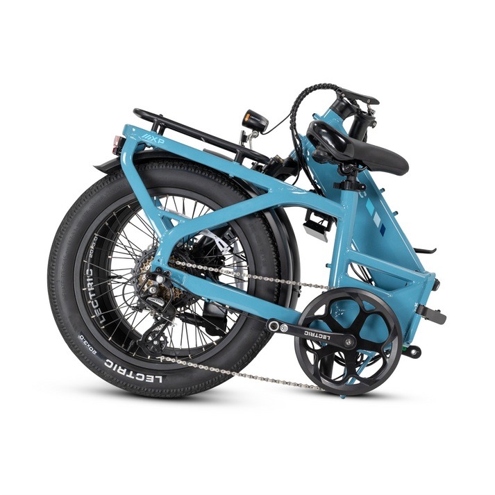 Lectric XP4 Step Through in Raindrop Blue folded for storage