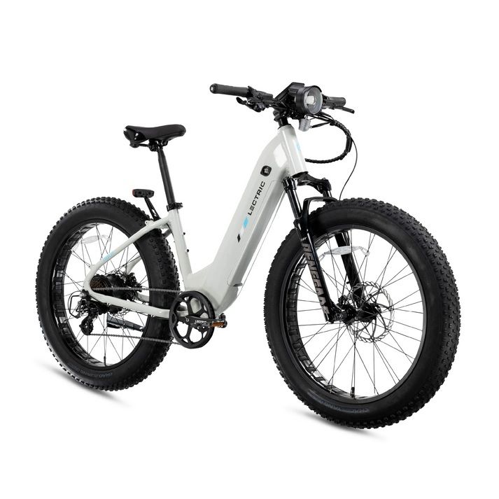 Lectric XPeak2 Step-Thru in Stratus White, three-quarter view Lectric XPeak2 Step-Thru in Stratus White, three-quarter view