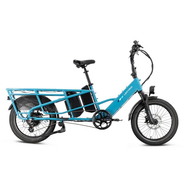 Lectric XPedition2 in Raindrop Blue, dual-battery side view with extended cargo rack