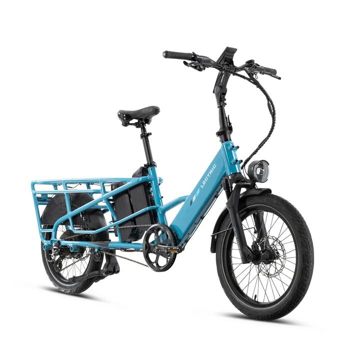 Lectric XPedition2 in Raindrop Blue, dual-battery three-quarter view with front suspension Lectric XPedition2 in Raindrop Blue, dual-battery three-quarter view with front suspension
