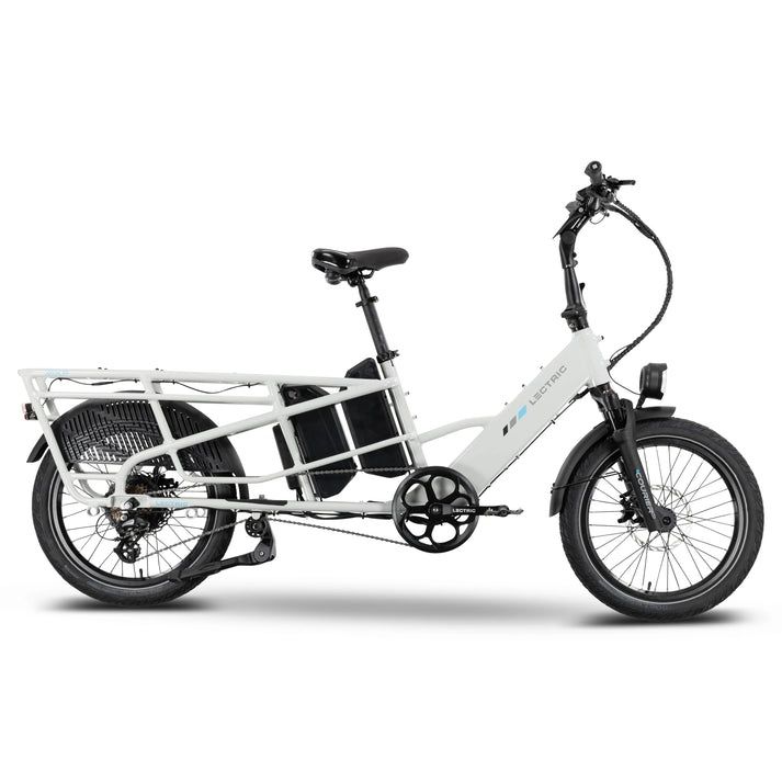 Lectric XPedition2 in Stratus White, dual-battery side view with extended rear rack Lectric XPedition2 in Stratus White, dual-battery side view with extended rear rack
