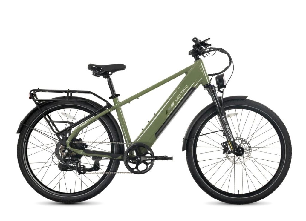 Lectric XPress2 High-Step Commuter in Pine Green, side view with optional rack and fenders