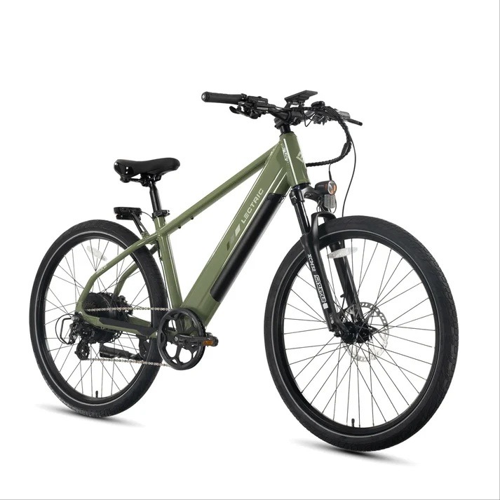 Lectric XPress2 Pine Green Commuter, front three-quarter view showing high-step frame and fixed stem