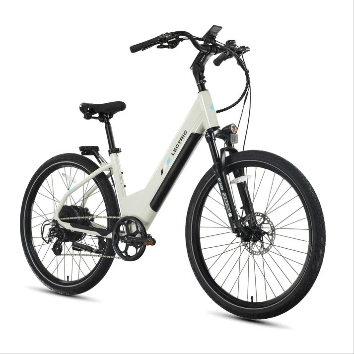 Lectric XPress2 Stratus White Cruiser, front three-quarter view showing step-through frame and curved handlebars
