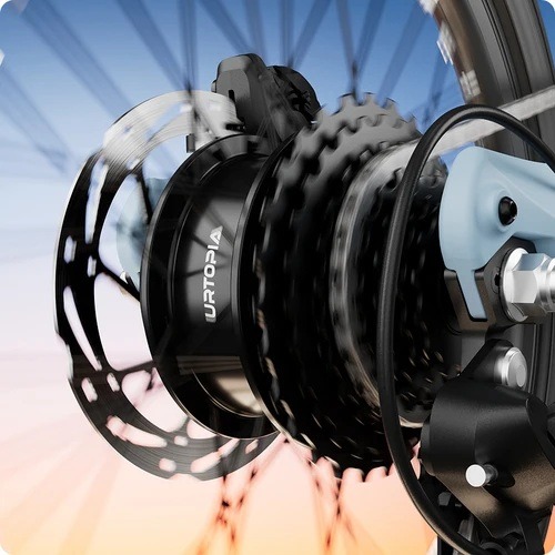 Urtopia Carbon Fold 2 rear-hub motor and Shimano eight-speed drivetrain detail Urtopia Carbon Fold 2 rear-hub motor and Shimano eight-speed drivetrain detail